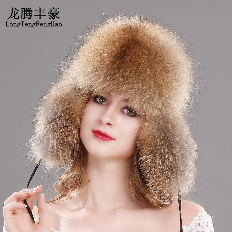 

Hot Sale Winter Women'S Fox Fur Hat Bomber Hats Cap Snow Cap Fur Millinery Russian Genuine Leather Ear Protector Cap Warm Beanie