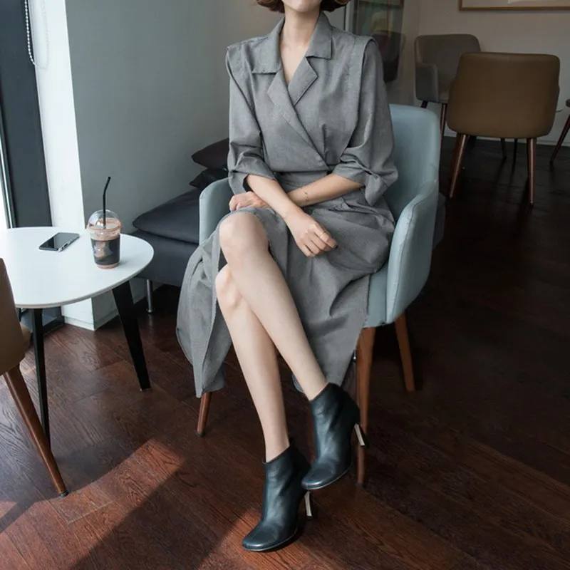 2019 Summer Women Turn-Down Collar Asymmetrical Dress Casual High Waist Button Elegant Pocket Split Midi Dresses | Женская одежда