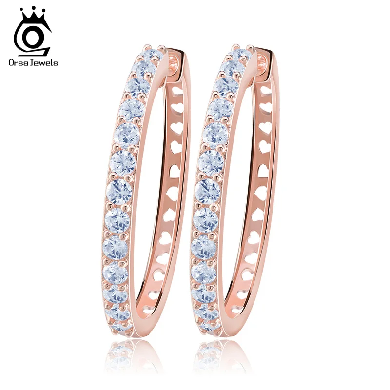 ORSA JEWELS Цвет Розовое Золото Большие Серьги-Кольца Украшенные Камнями Роскошные ААА Фианит Модные Женские Круглые Серьги-Кольца с Фианитом ОЕ143 - Окраска металла: Покрытие из розового золота