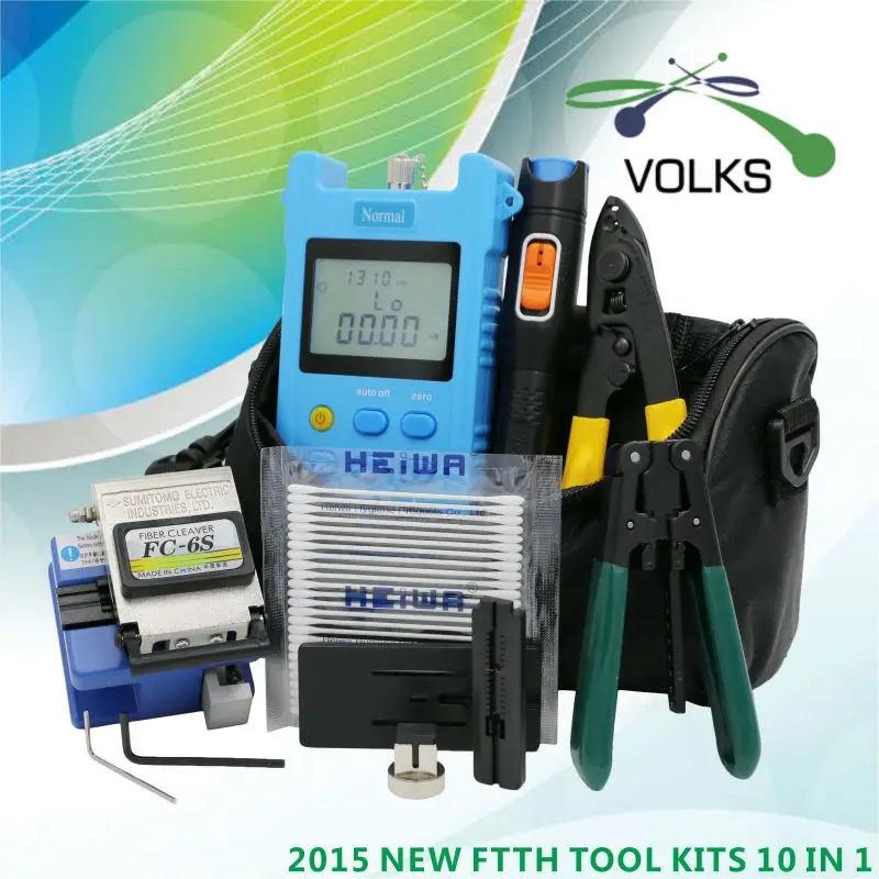 10 In 1 Glasvezel FTTH Tool Kit met FC-6S Fiber Cleaver en Optical Power Meter 5 km Visual Fault Locator Draad stripper