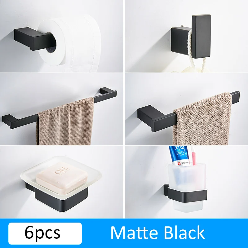 6pcs Black Матовый черный держатель для бумаги из нержавеющей стали для ванной комнаты, держатель для полотенец, держатель для зубных щеток, набор аксессуаров для ванной - Цвет: 6pcs Black