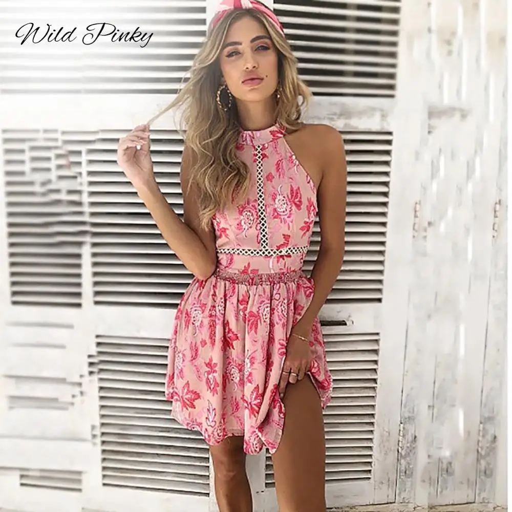 Женское пляжное платье мини с бретельками цветочным принтом и открытой спиной
