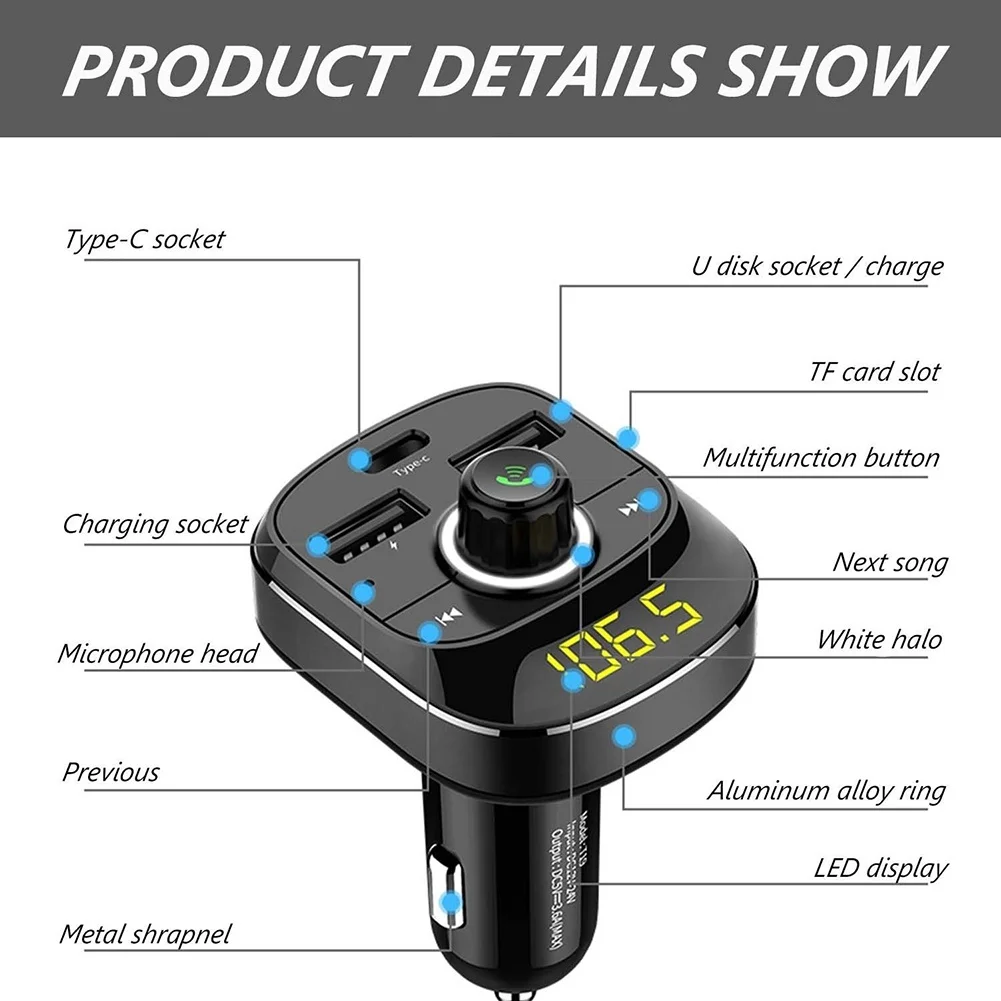 Автомобильный MP3-плеер с Bluetooth fm-передатчиком Hands-free автомобильный комплект двойной USB порт+ type-C Интерфейс быстрой зарядки поддержка TF/SD
