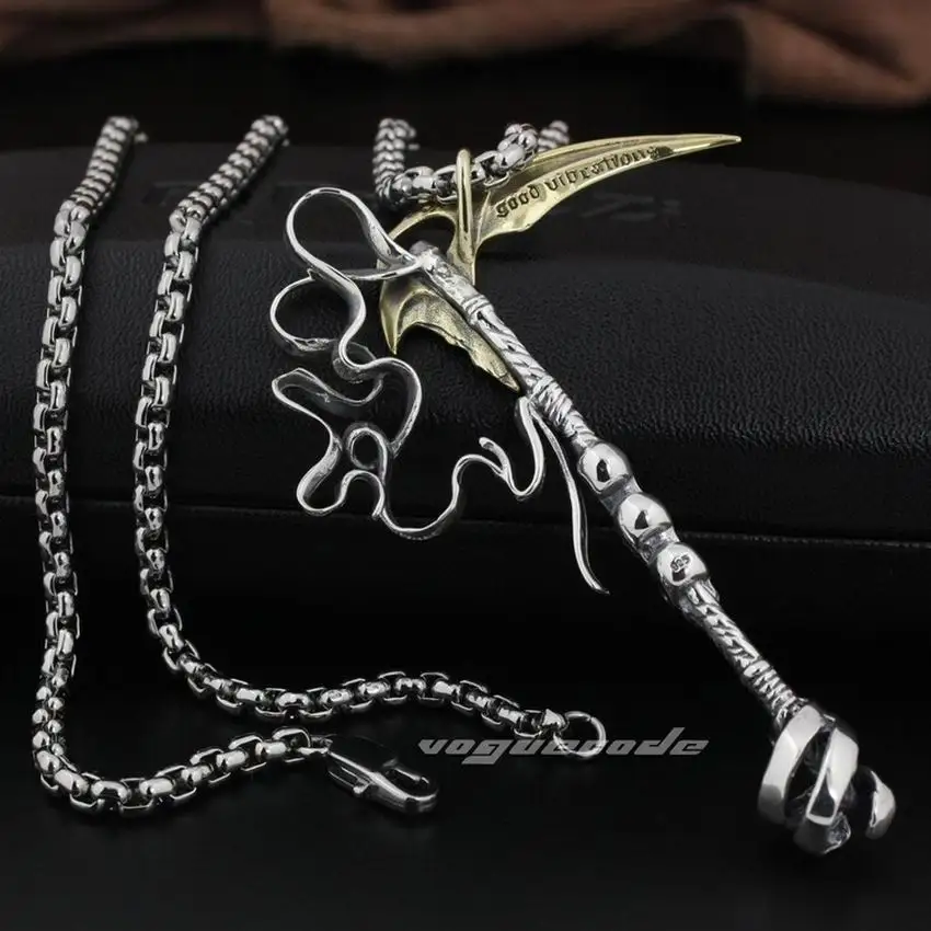 Pendant and 24 inch LINSION Grim Reaper, серповидный череп, коса, 925 пробы, серебро, Мужская Байкерская подвеска в стиле рок, панк, 8Q008 - Окраска металла: Pendant and 24 inch
