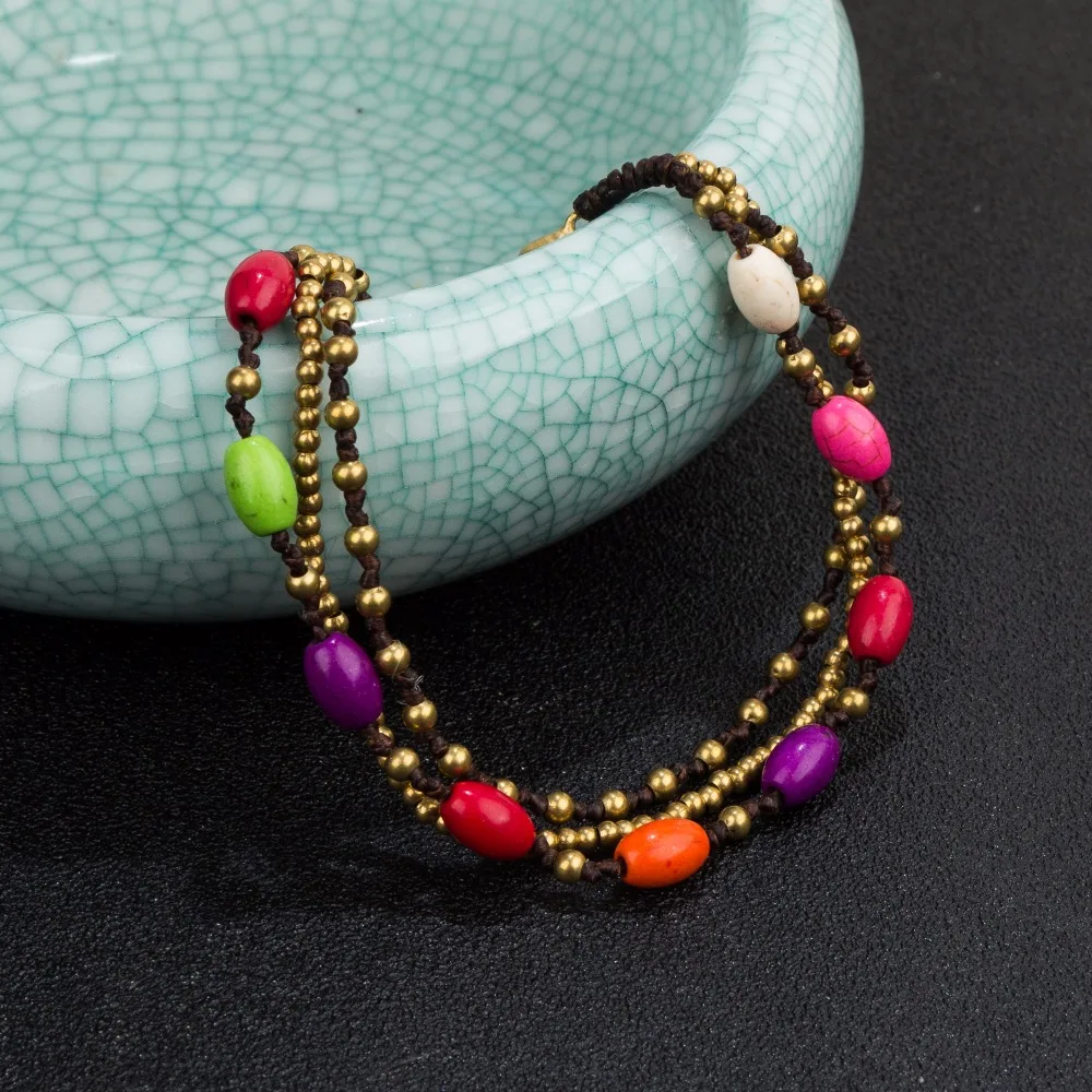 

AMOURJOUX Triple Layers Handmade Retro Gold-Color Beaded Chain Colorful Stone Charm Bracelet Sting Bracelets For Women