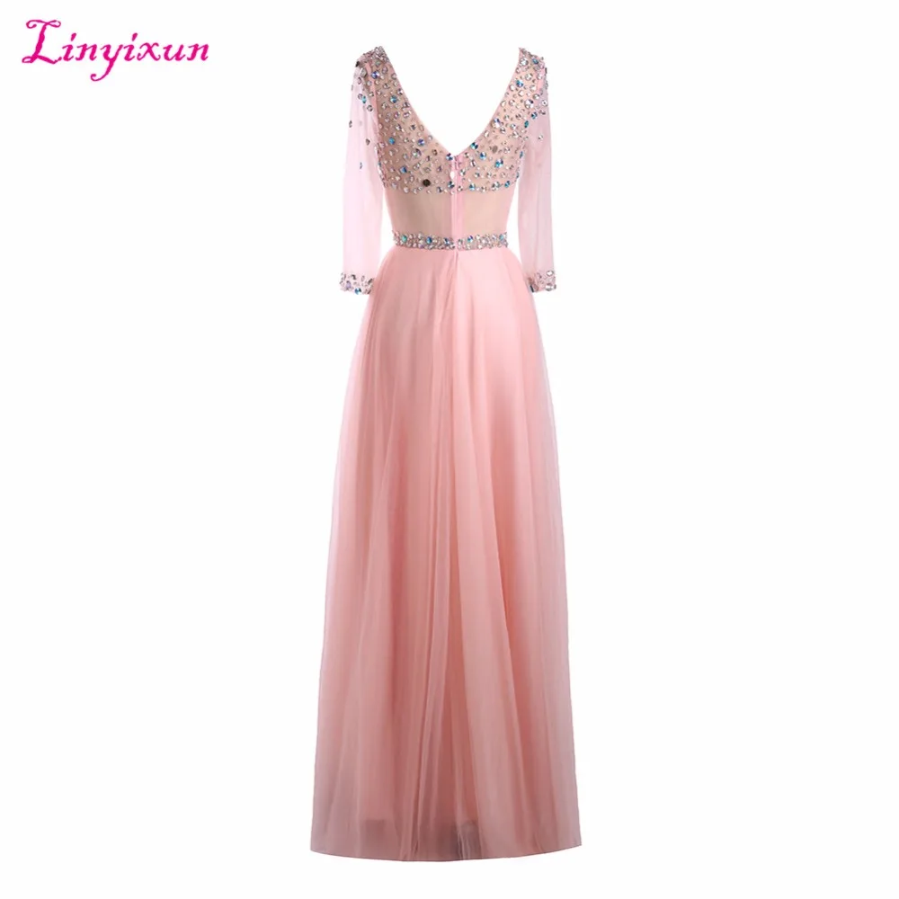 Linyixun реальные фото скромные платья для выпускного вечера с v-образным вырезом и