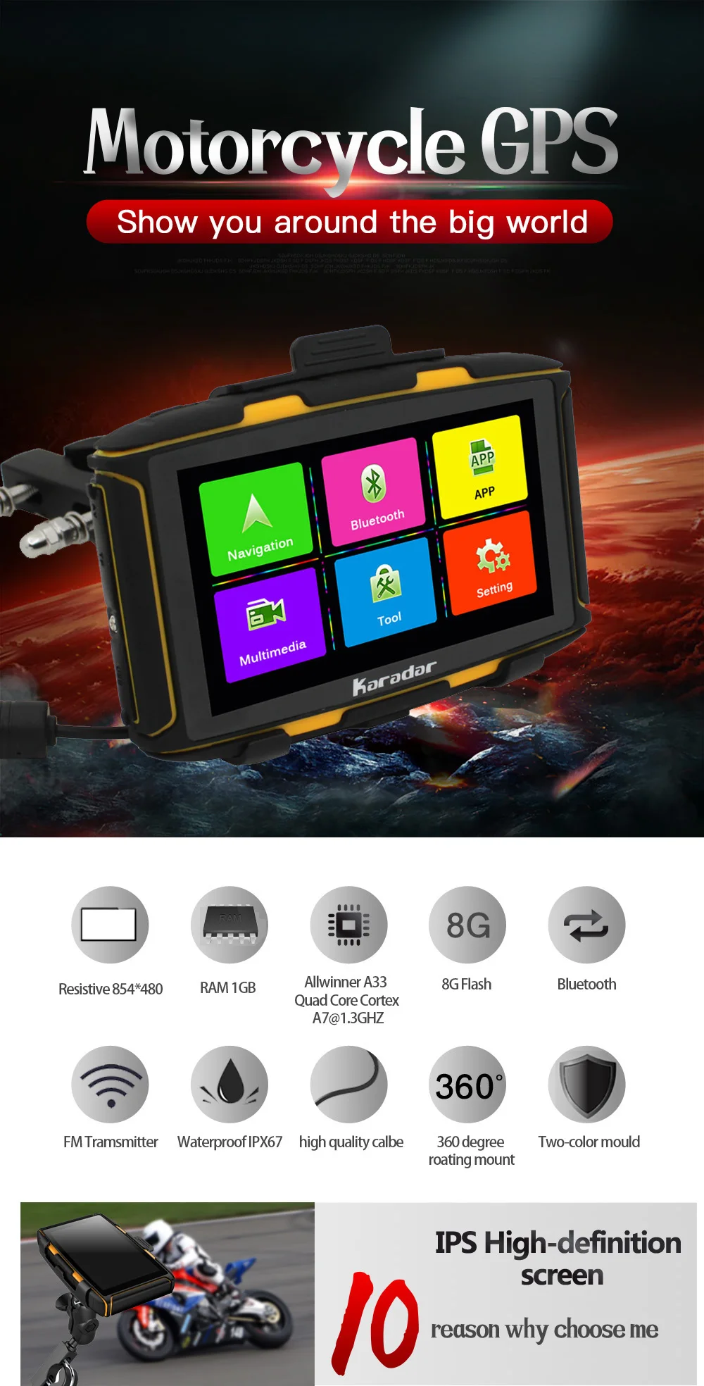 gps moto новейший RAM512 android IPX7 водонепроницаемый wiFi, bluetooth 4,0, google Karadar навигатор moto rcycle