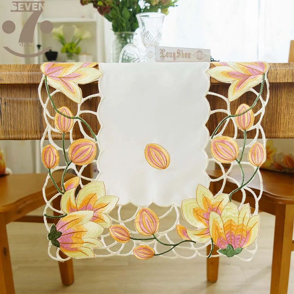 Yellow Colour Tulip Smooth Satin Fabric Embroidered Table Runner TV Cabinet Cover | Дом и сад