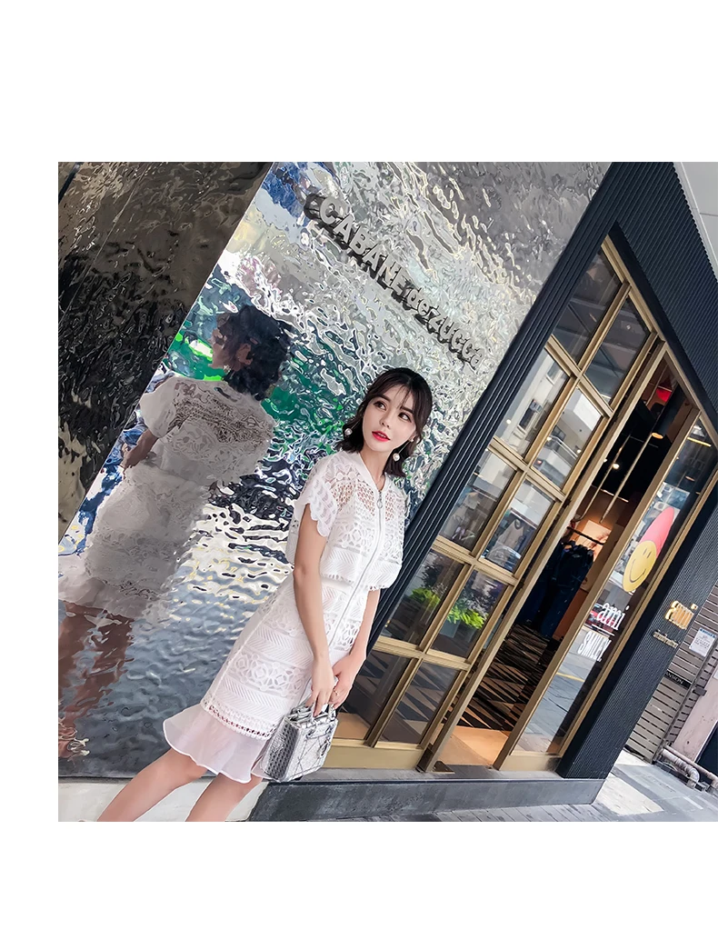 

Elegant White Lace Women Dress Beach Hollow Out V-neck Short Sleeve Ruffle Summer Dress Zipper Design Ladies Dresses