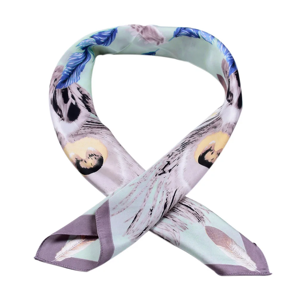 Autuam Women Square Scarf 70x70 Handkerchief feather Flower Printed silk Scarves Fashion Headbands Spring Small Bandana | Аксессуары для