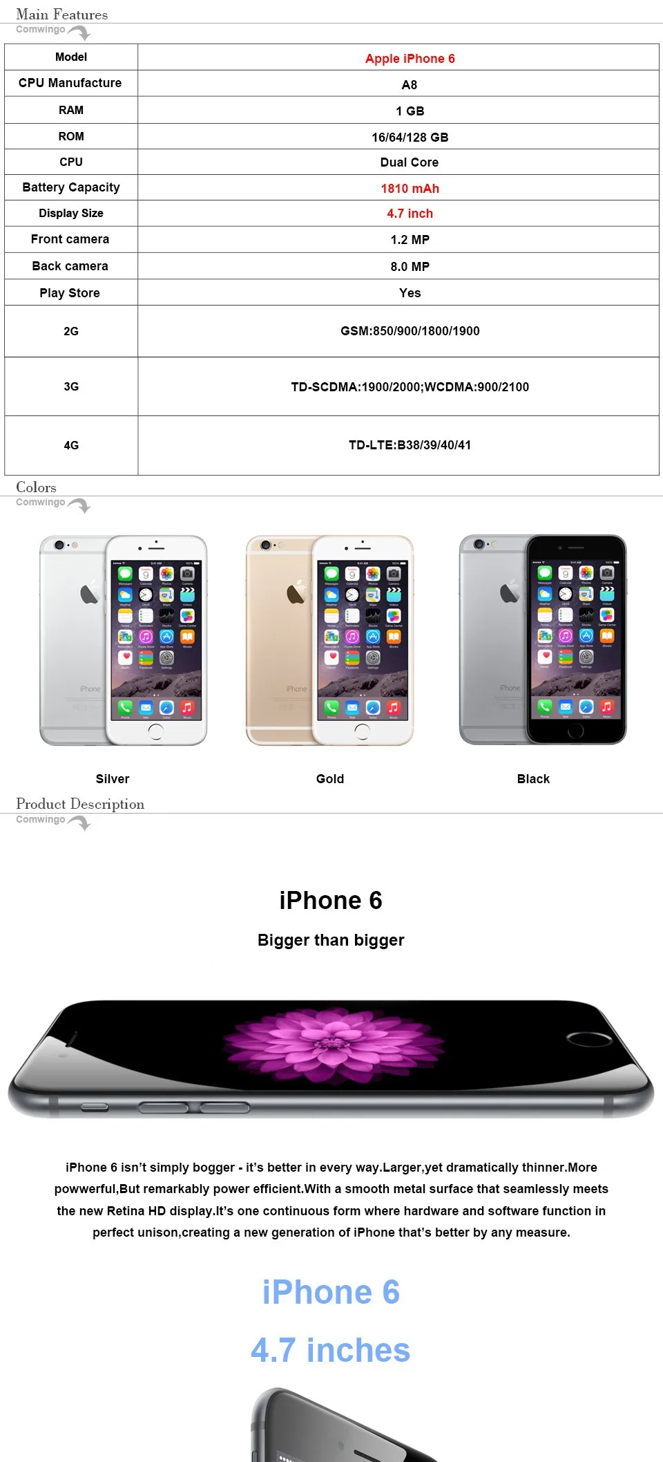 Оригинальные Apple iPhone 6 Dual Core 4,7 дюйма 1 ГБ Оперативная память 16/64/128 ГБ Встроенная память 8MP Камера WCDMA LTE ips IOS разблокирована использовать смартфон