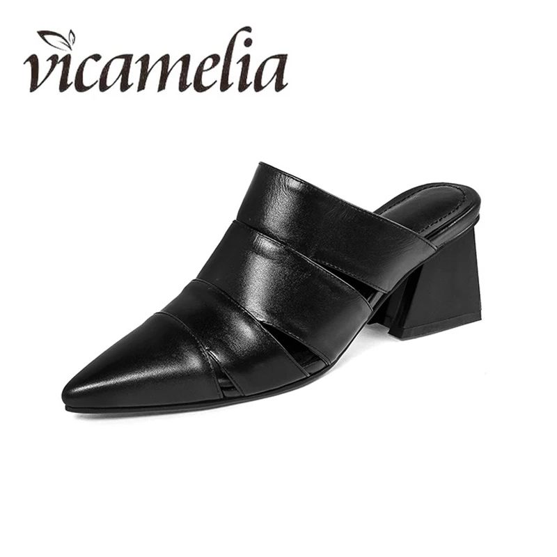 Vicamelia полые острый носок тапочки из натуральной кожи Удобные Модные Комнатные