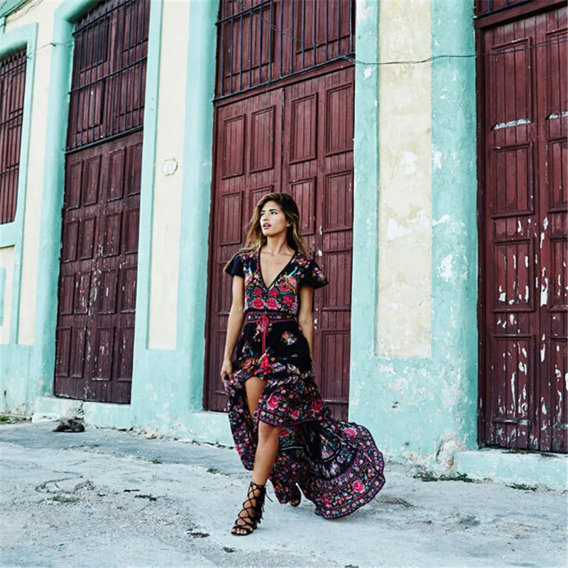 New Women Summer Chiffon V-neck Maxi Dress Vintage Boho Long Evening Party Beach Sundress Floral Printed Dresses | Женская одежда