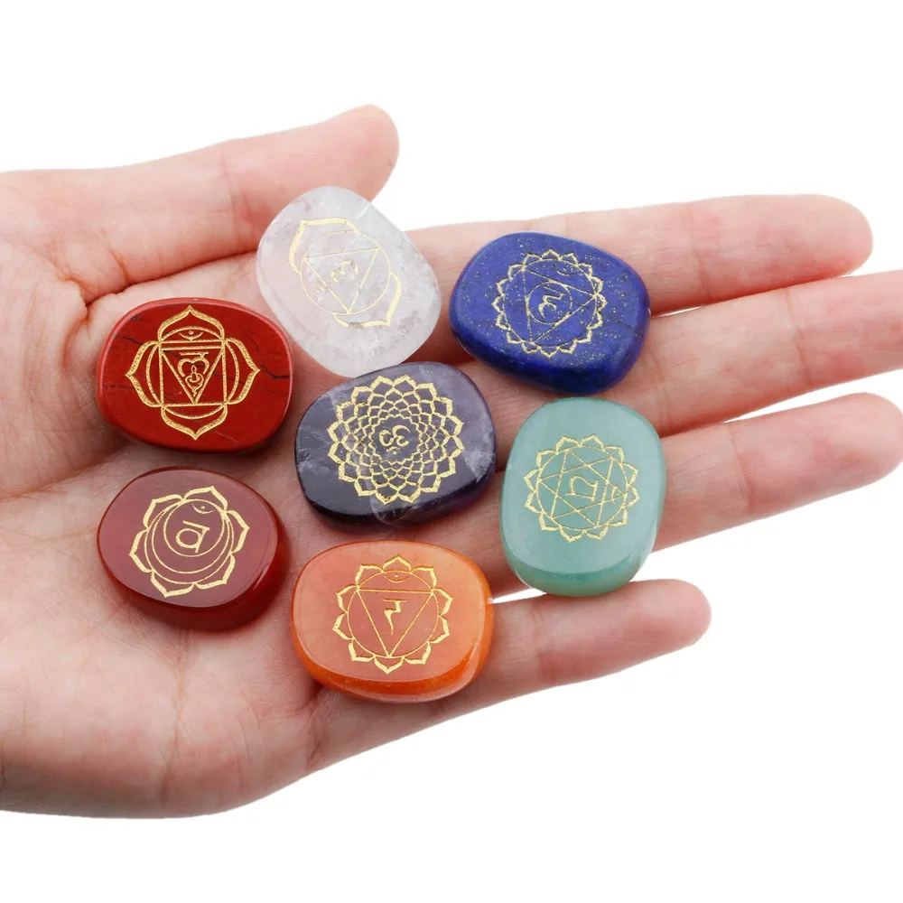TUMBEELLUWA 7 Chakra Engraved Symbols Crystal Healing Reiki Energy Balancing Palm Stone Worry Stone,Set of 7