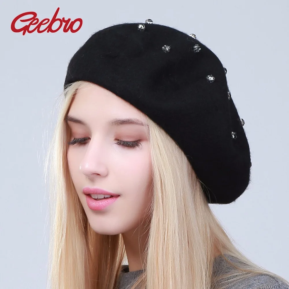 Geebro, женский берет, шапка, модная, одноцветная, шерсть, вязаные, береты, стразы, для девушек, французская художница, шапочка, береты, шапка, DQ104