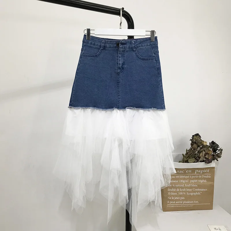 Light blue Neploe, Джинсовая юбка в сеточку, Лоскутная, женская, летняя, новинка, модная, пояс, карманы, Jupe, Корейская Юбка До Колена, 43638 - Цвет: Light blue