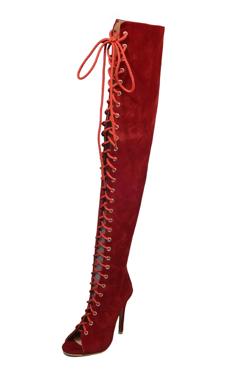 Высокие сапоги до бедра на шнуровке с лентой; сандалии-гладиаторы с открытым носком и вырезами; летние сапоги; женские Сапоги выше колена