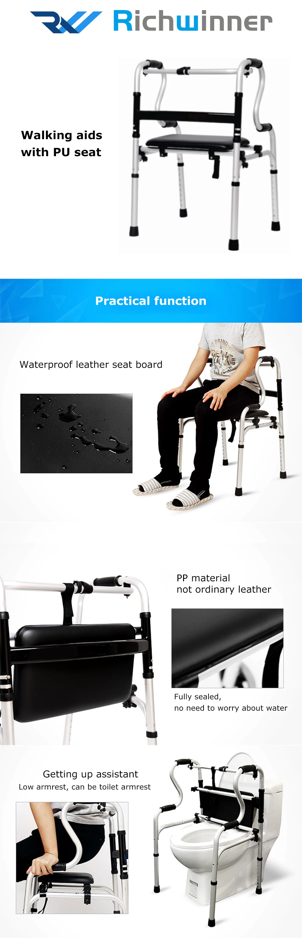Adjustable aluminum alloy walkers for elderly high quality walking aids with PU seat board