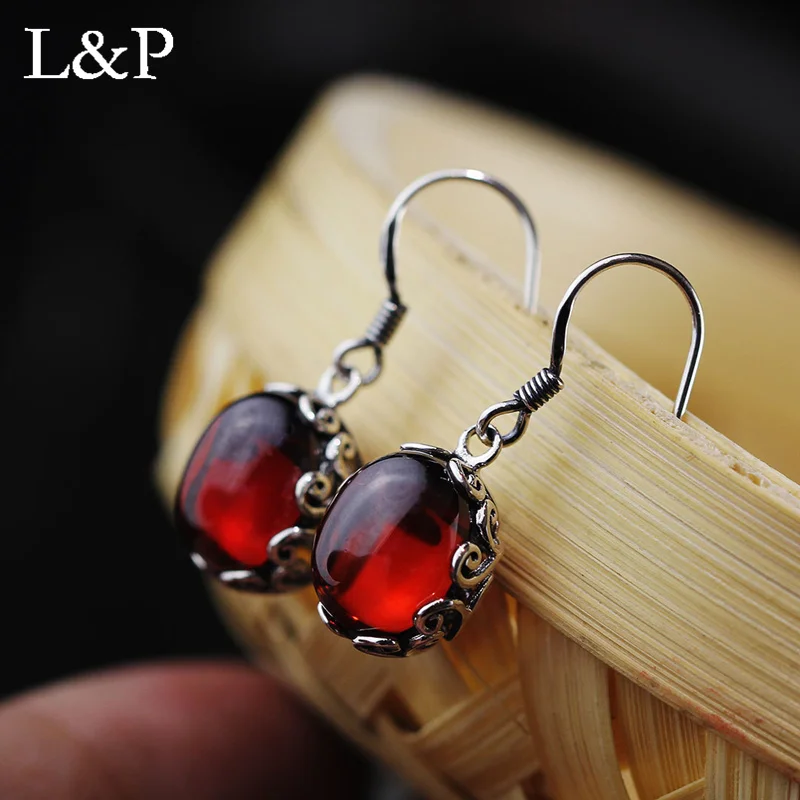 

L&P Real Silver 925 Earrings for Women Elegance Garnet Chalcedony Drop Earrings Silver Jewelry Female Natural Stone Jewelry
