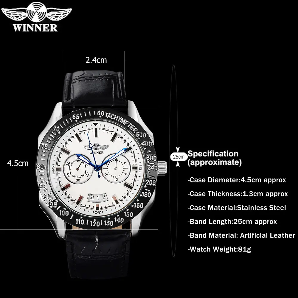Мужские спортивные механические часы WINNER автоматические с кожаным ремешком и