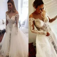 long mermaid wedding dresses with detachable train summer country lace long sleeves 2021 wedding dresses bridal gowns cheap