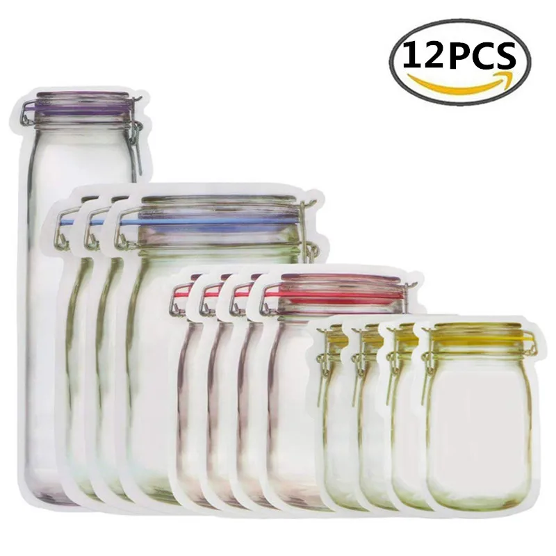 12pcs 12 шт. многоразовые Mason Jar молнии сумки гайки конфеты, печенье Снэк Saver Мешок герметичные свежий еда сэндвич сумки для хранения путешествий - Цвет: 12pcs