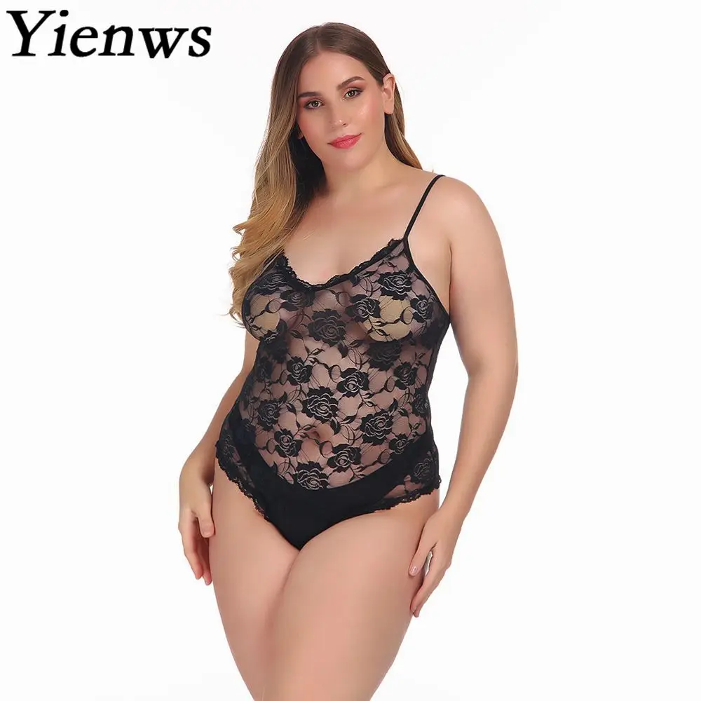 Yienws 4XL размера плюс женский комбинезон Черный боди сексуальный кружевной комбинезон на бретельках большой размер для женщин комбинезоны YiZ23