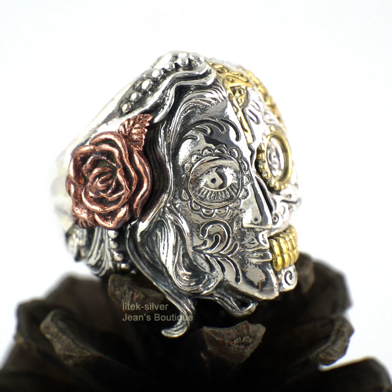 S92 цельное кольцо из стерлингового серебра с сахарным черепом и мексиканскими