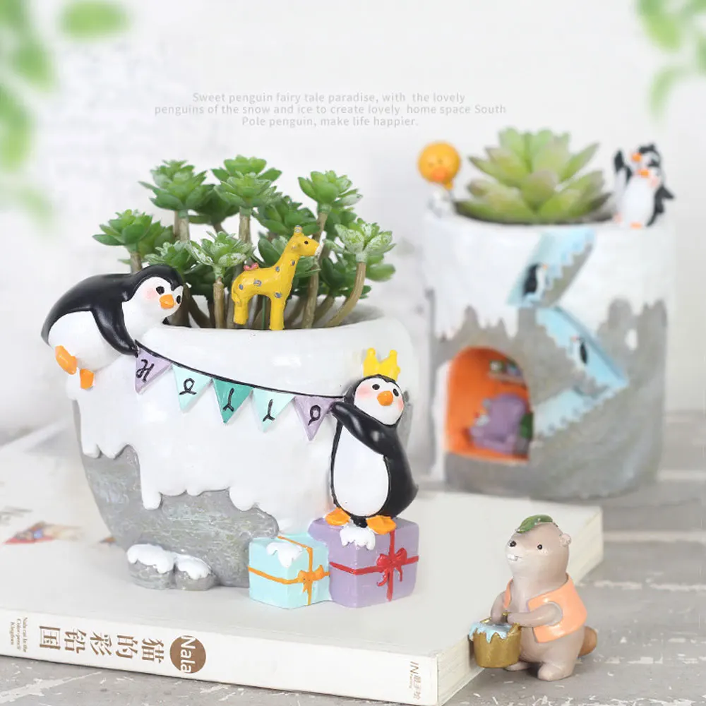 Cute Cartoon Antarctic Penguins Series Resin Planters Gardening Pots for Cactus Succulent Flower Home Decoration Pen Holder | Дом и сад