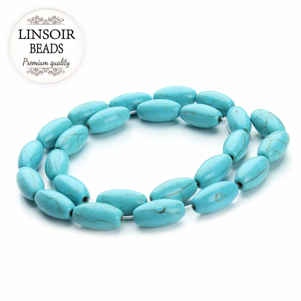 

LINSOIR 24pcs/lot 8.5*16mm Natural Stone Blue Turquoises Beads Loose Oval Seed Spacer Beads For DIY Jewelry Making Findings