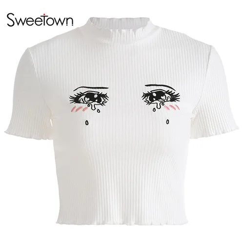 white Sweetown/Харадзюку, Kawaii, комикс, графические футболки, Плачущие глаза, граффити, женская одежда, белая, короткий рукав, o-образный вырез, обрезанная футболка - Цвет: white