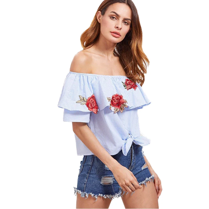 Модная пикантная женская блузка с коротким рукавом и оборками вырезом лодочкой