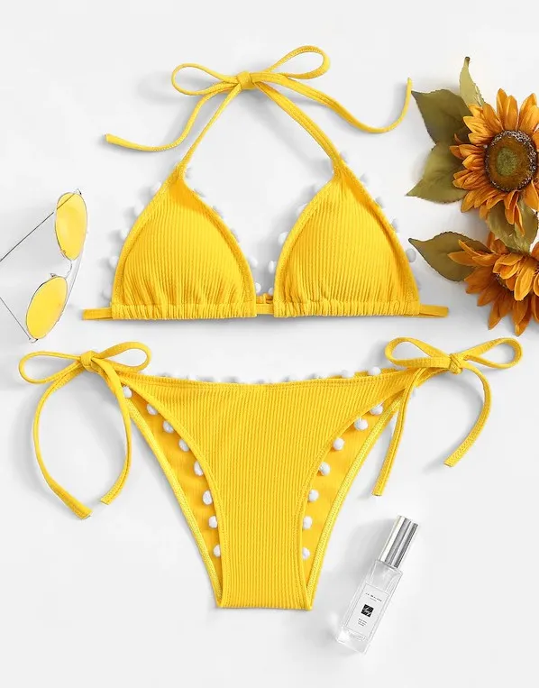 Женский купальник-бикини с пуш-ап желтый белый бразильский купальник пляжная