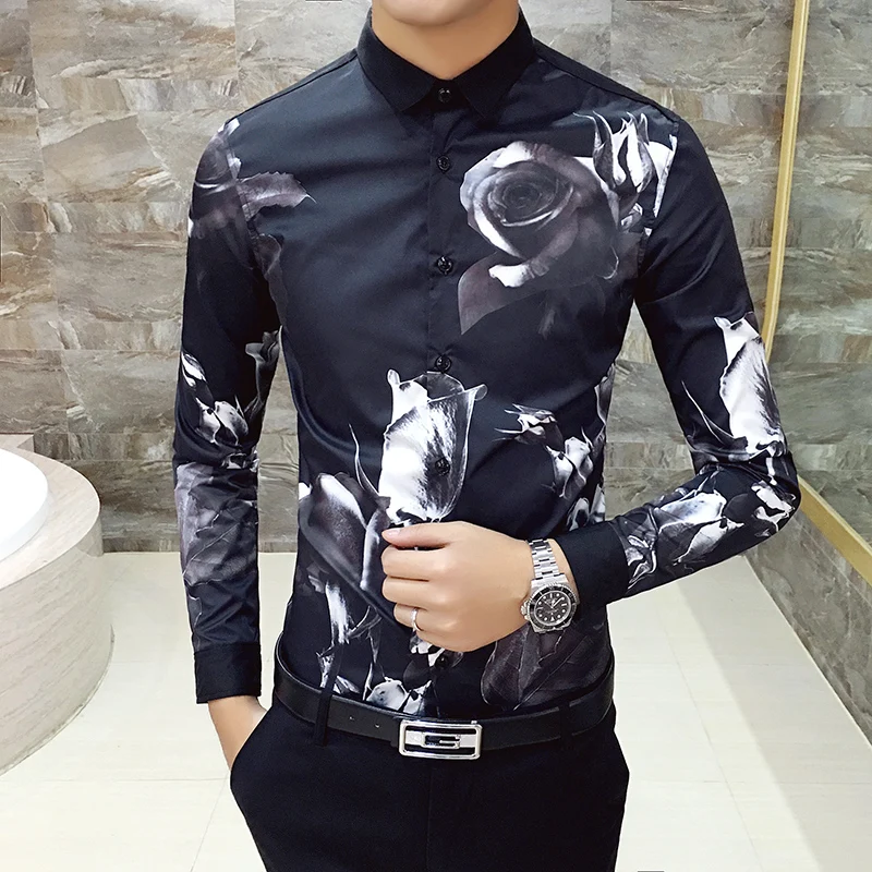 Black 1541 6XL, 19 цветов, модная повседневная приталенная Мужская рубашка с длинным рукавом и принтом из бутика/Высококачественная Мужская Клубная рубашка на выпускной - Цвет: Black 1541