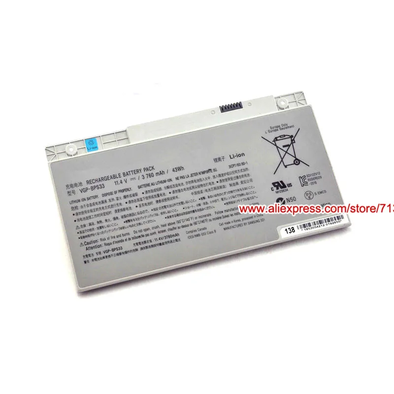 Подлинная батарея 11,4 V 43Wh для sony Vaio SVT151A11L VGP-BPS33 ультра Книга сенсорный экран SVT15117CXS Svt1511a11l SVT14115CXS - Цвет: Silver