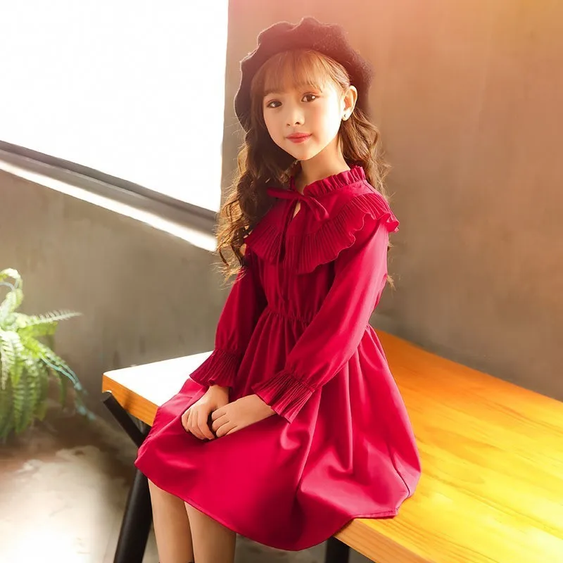 Back To School Clothing Long Sleeve Girl Dress Baby Clothes Teenage Girls Dresses Flare Red Orange Spring Autumn 2019 New | Детская