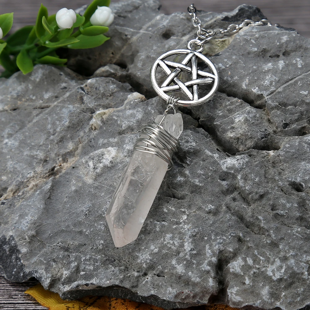 Белый кварц Wicca очарование кулон ожерелье необработанный камень сырье Кристалл Подвески с 70 см цепи