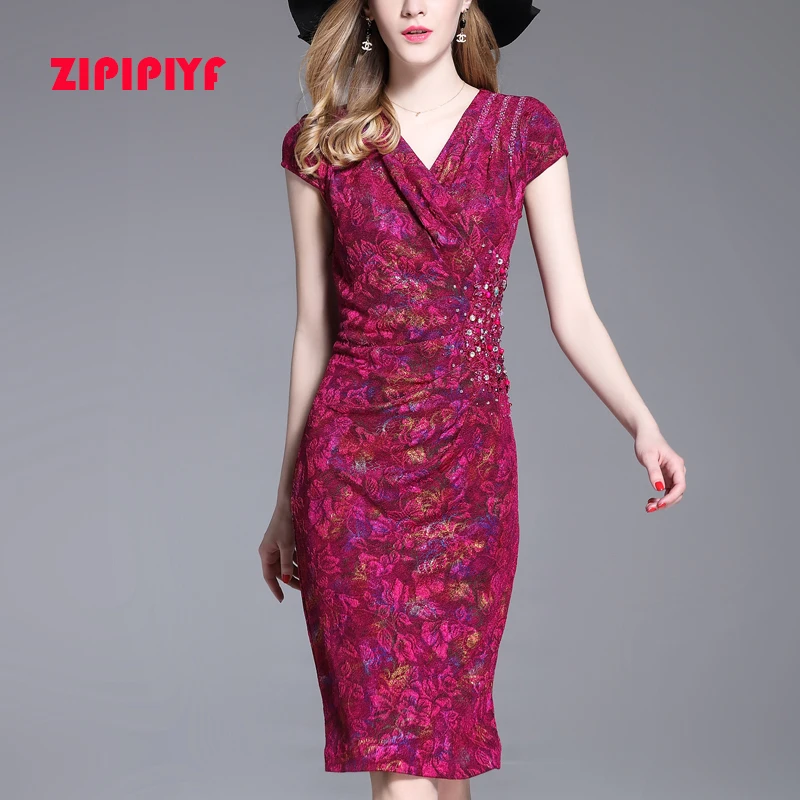 ZIPIPIYF Женские Летние Dress Bodycon Платья Новый Урожай 2017 Лето Офис Розовый V Шеи