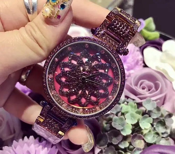 Flower face purple Клевер на удачу женские часы леди сияющее вращение платье часы большой алмаз наручные часы с камнями розовое золото часы - Цвет: Flower face purple