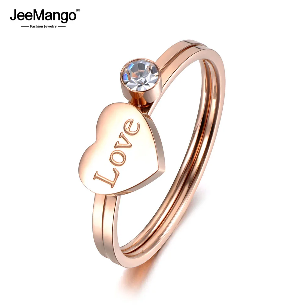 JeeMango Трендовое 2 в 1 титановое кольцо из нержавеющей стали с сердечком любовь кольцо из розового золота CZ Кристалл Кольца на годовщину для женщин девочек JR19026