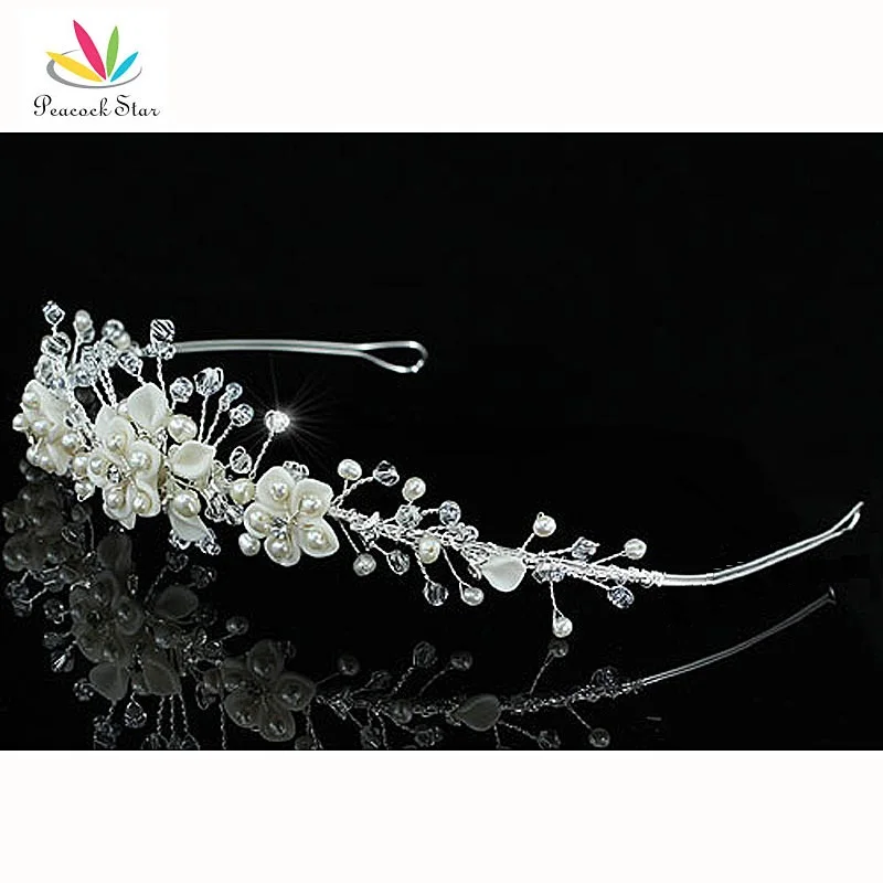 Peacock Star Bridesmaid Bridal Wedding Party Quality Handmade Ivory Ceramic Simulated Pearl Flower Crystal Tiara CT1426 | Украшения и