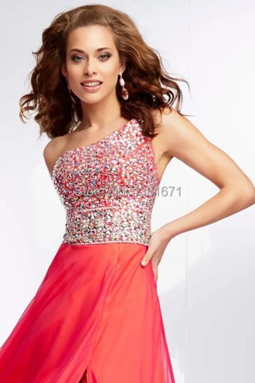 One Shoulder Beading Tops Color Block Summer Slit Long Chiffon Evening Dress 2014 Vestido De Renda | Свадьбы и торжества