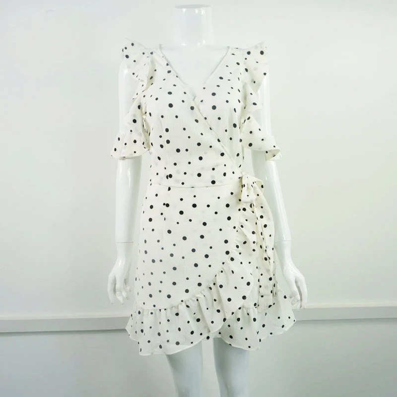 JuneLove new Ruffle cold shoulder mini dress women dot print female vintage bow wrap short chiffon white vestidos | Женская одежда