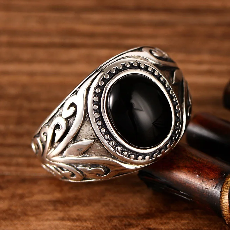 Кольцо из 925 серебра, тайское серебро, синтетическое черное, красный гранат, гутенг-узор, мужское серебряное кольцо