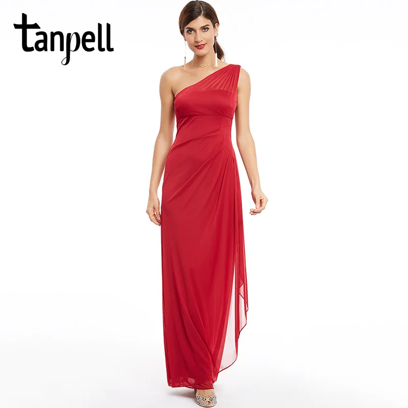 

Tanpell one shoulder evening dress burgundy ruched chiffon sleeveless zipper up dresses women prom straight long evening dress
