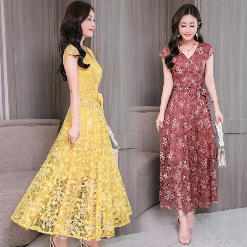 10 Colors Plus Size Summer Vintage Hollow Out Sexy Lace Maxi Dress 2018 Elegant Woman Club Midi Dresses Sun Party Black Vestidos | Женская