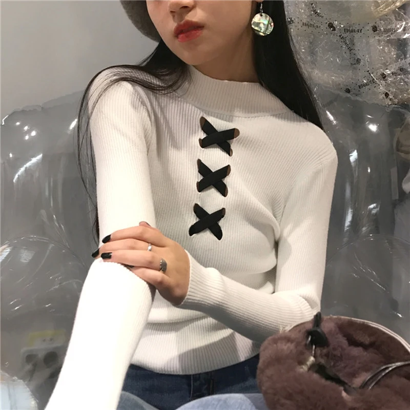 Autumn O-neck CrissCross Women Sweater Skinny Elastic Full Sleeve Knitted Pullovers Feminino Soft Femme Jumper 2018 high quality | Женская