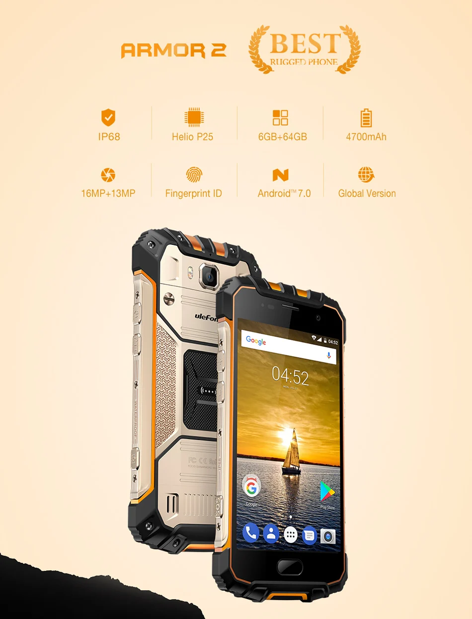 Ulefone Armor 2 IP68 водонепроницаемый мобильный телефон Android 7,0 5," FHD MTK6757 Восьмиядерный 6 ГБ+ 64 ГБ 16 МП глобальная версия 4G смартфон