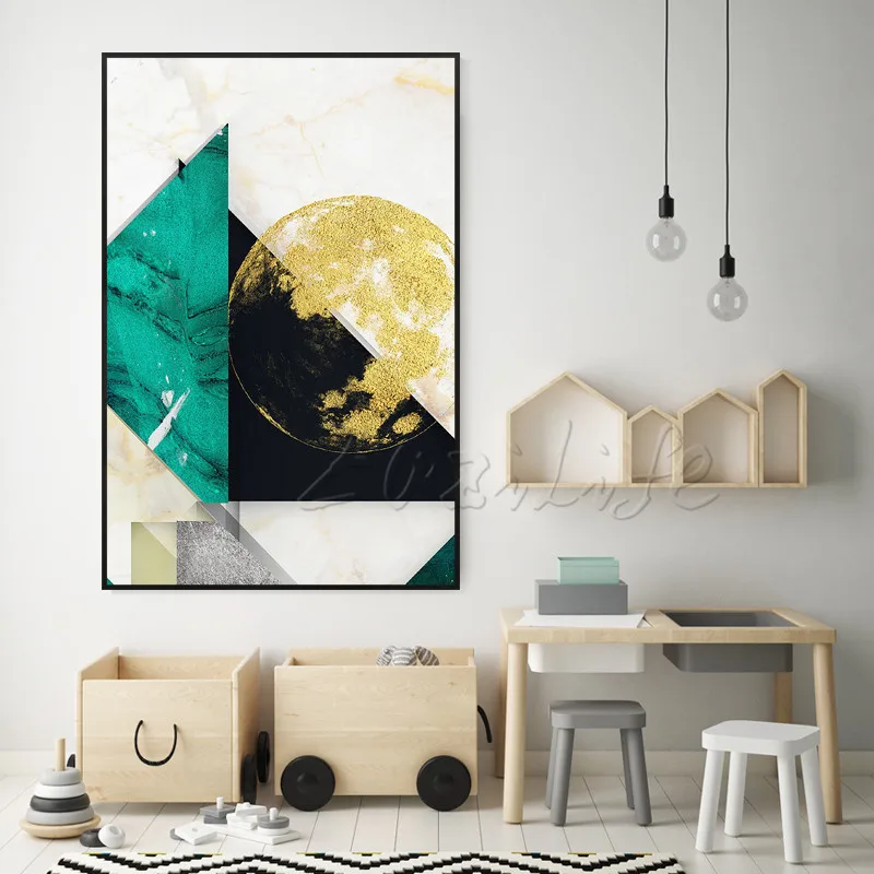 Геометрическая треугольная Золотая земля шар темно зеленая картина акриловая