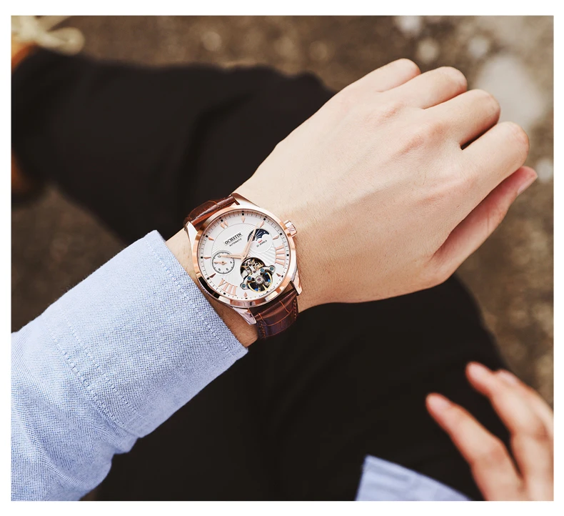 Роскошные мужские механические часы Топ бренд Tourbillon Скелет Автоматическая светящаяся неделя Водонепроницаемые кожаные Наручные часы Подарки Relogio